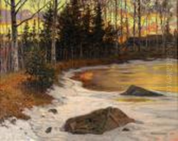 Varvinterlandskap I Aftonrodnad Oil Painting by Anshelm Schultzberg