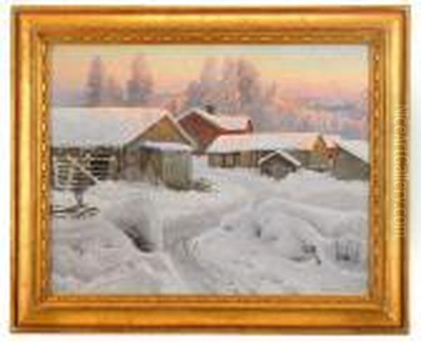 Aftonrodnad Over Norrlandsk Gardsmiljo Oil Painting by Anshelm Schultzberg