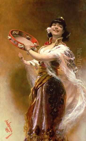 Gypsy Girl with a Tambourine Oil Painting by Alois Hans Schramm