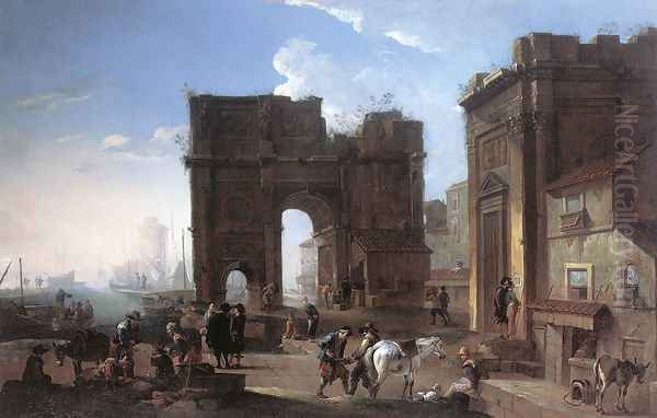 Harbour View with Triumphal Arch c. 1650 Oil Painting by Alessandro Salucci