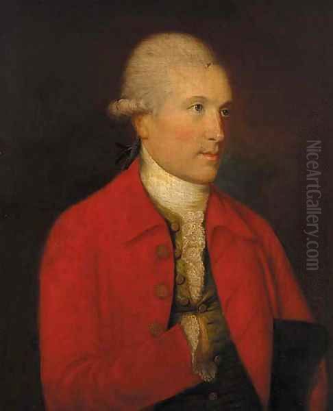 Portrait of James Johnston (d.1781), bust-length, in a red jacket, green waistcoat and white cravat Oil Painting by John Thomas Seton