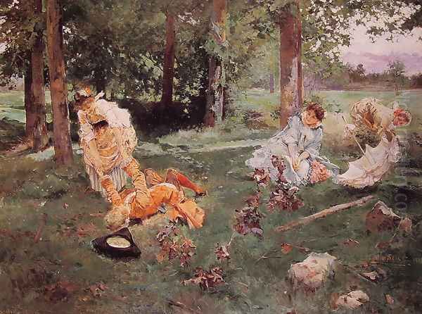 Elegant figures in a Summer Garden Oil Painting by Emilio Sala y Frances