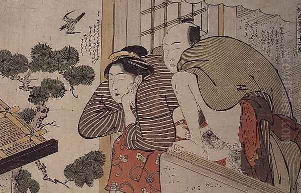 Lovers on a balcony, c.1800 Oil Painting by Katsukawa Shuncho