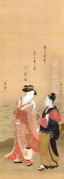 Geisha and attendant by a river Oil Painting by Katsukawa Shuncho