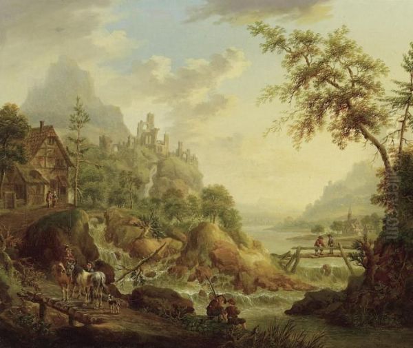 Ideal Riverscape With Ruins Oil Painting by Christian Georg Schuttz II