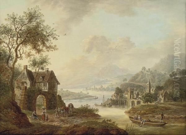 An Extensive Rhenish River Landscape Oil Painting by Christian Georg Schuttz II