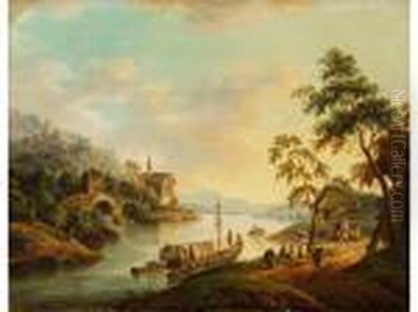 Rheinlandschaft Oil Painting by Christian Georg Schuttz II