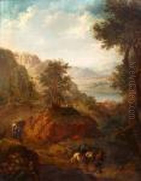 Travellers In A Landscape Oil Painting by Christian Georg Schuttz II