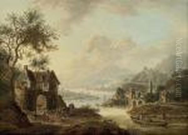 An Extensive Rhenish River Landscape With Figures Beside A Ruinedarch, Mountains Beyond Oil Painting by Christian Georg Schuttz II