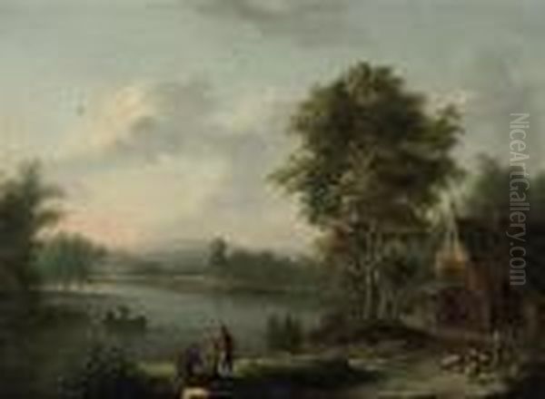 A River Landscape With Anglers On A Bank And A Shepherd With Hisflock On A Track Oil Painting by Christian Georg Schuttz II