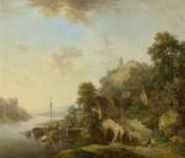 Rhine Valley With View Over The Town Of Braubach With Marksburg Oil Painting by Christian Georg Schuttz II