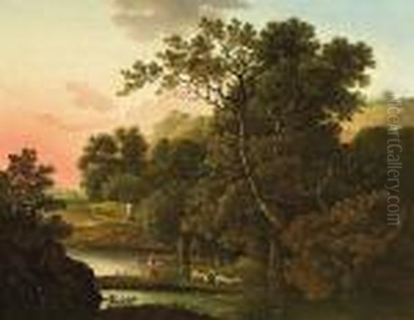 Abendliche Flusslandschaft Oil Painting by Christian Georg Schuttz II