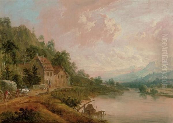 A Mountainous River Landscape With Figures And A Hay-cart On Atrack By A Cottage Oil Painting by Christian Georg Schuttz II