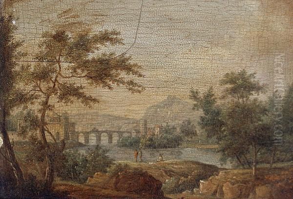 An Extensive River Landscape 
With Figures Resting On The Shore And An Aqueduct In The Distance Oil Painting by Christian Georg Schuttz II