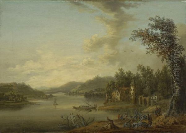 Flusslandschaft Oil Painting by Christian Georg Schuttz II