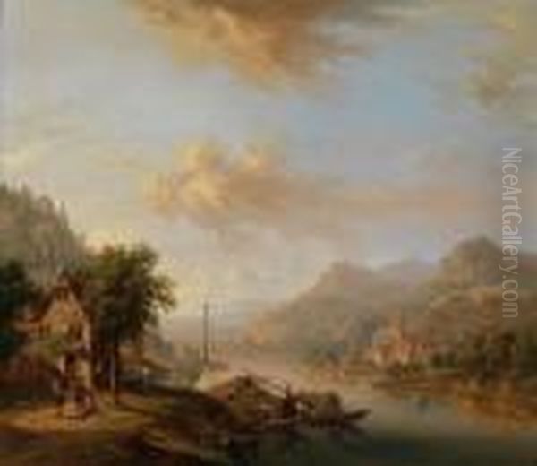 Viandanti In Un Ampio Paesaggio Renano Con Una Casa Contadina In Riva Al Fiume Oil Painting by Christian Georg Schuttz II