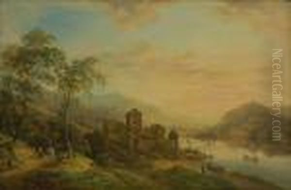 Rheinlandschaft. Oil Painting by Christian Georg Schuttz II