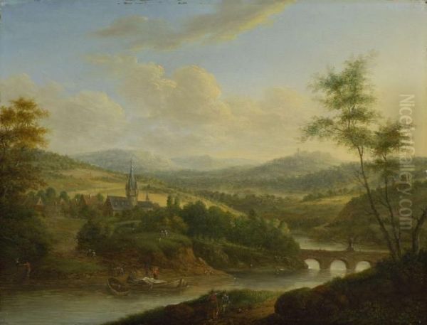 Flusslandschaft Oil Painting by Christian Georg Schuttz II