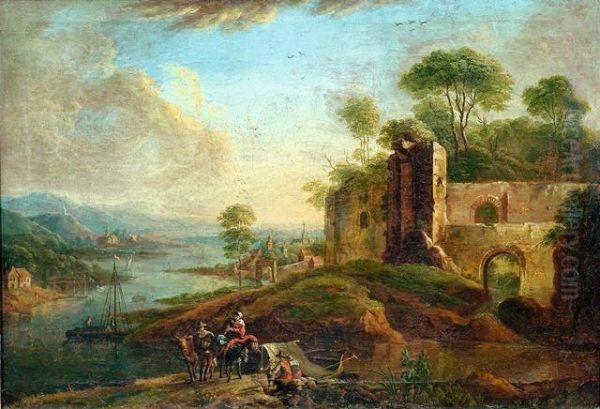 Flusslandschaft Mit Ruinosem 
Gebauden Links Und Hirten Mit Esel Und Schafen Im Vordergrund. Oil Painting by Christian Georg Schuttz II