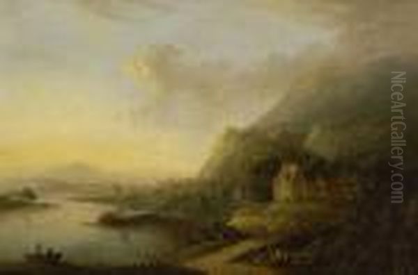 Phantastische Flusslandschaft Oil Painting by Christian Georg Schuttz II