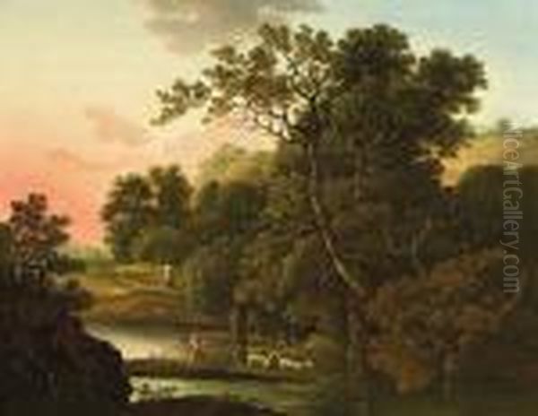 Abendliche Flusslandschaft Oil Painting by Christian Georg Schuttz II