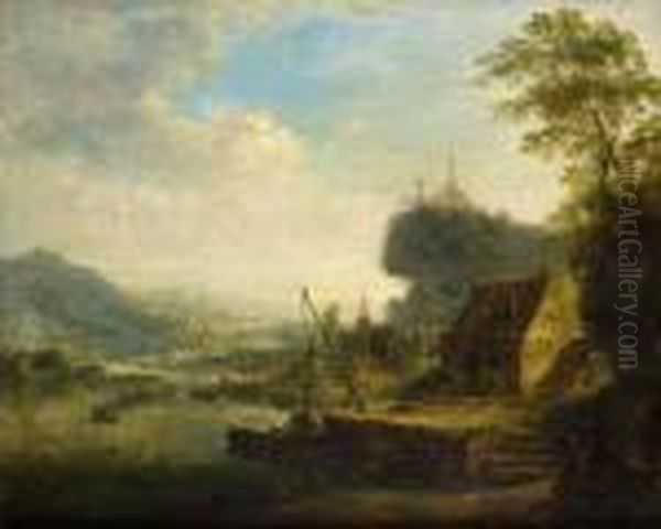 Flusslandschaft Oil Painting by Christian Georg Schuttz II