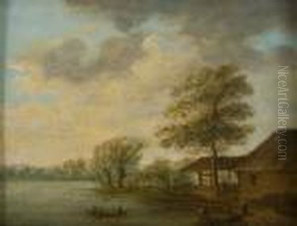 Fluslandschaft Mit Angler Oil Painting by Christian Georg Schuttz II