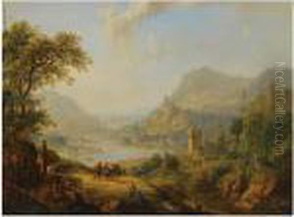 An Extensive Rhenish Landscape 
With Shepherds And Travellersresting On A Path In The Foreground, A View
 Of A Castle And Avillage Beyond Oil Painting by Christian Georg Schuttz II