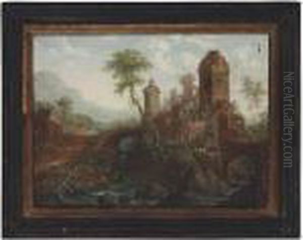 A River Landscape With Travellers Approaching A Castle On Anisland Oil Painting by Christian Georg Schuttz II