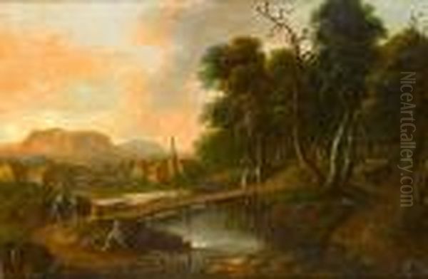 A Wooded River Landscape With Travellers On Abridge Oil Painting by Christian Georg Schuttz II