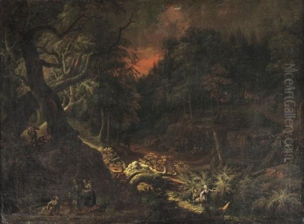 An Evening Wooded Landscape With Figures Conversing On Atrack Oil Painting by Christian Georg Schuttz II