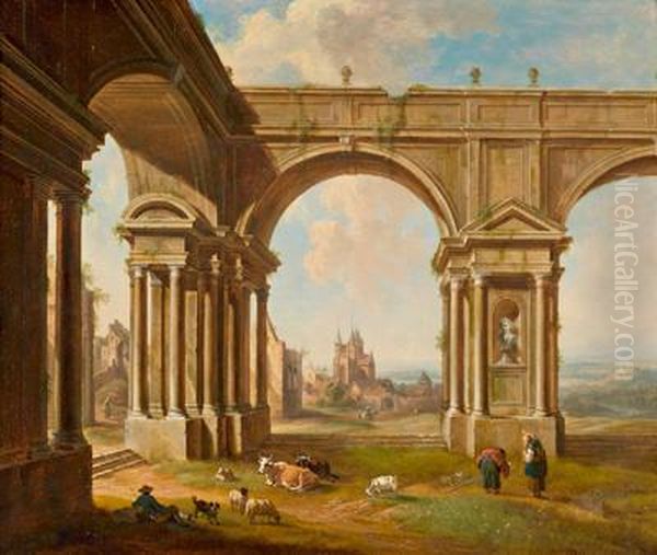 Paesaggio Di Antiche Rovine Con Figure E Mucche Oil Painting by Christian Georg Schuttz II