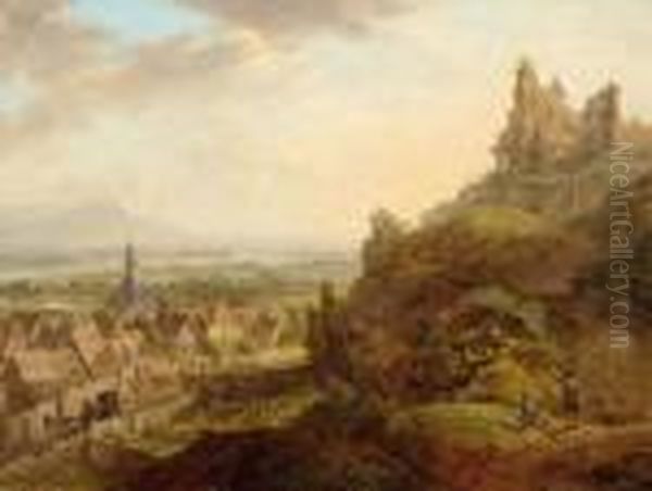 View Of Oppenheim Along The Rhine Seen From Pilgersberg. Oil Painting by Christian Georg Schuttz II