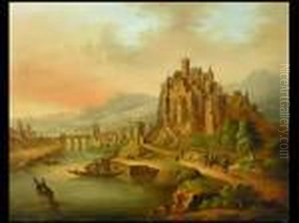 Flusslandschaft Mit Stadt Und Burg Oil Painting by Christian Georg Schuttz II