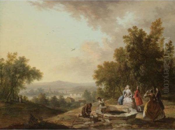 An Extensive Landscape With Figures Near A Well Oil Painting by Christian Georg Schuttz II