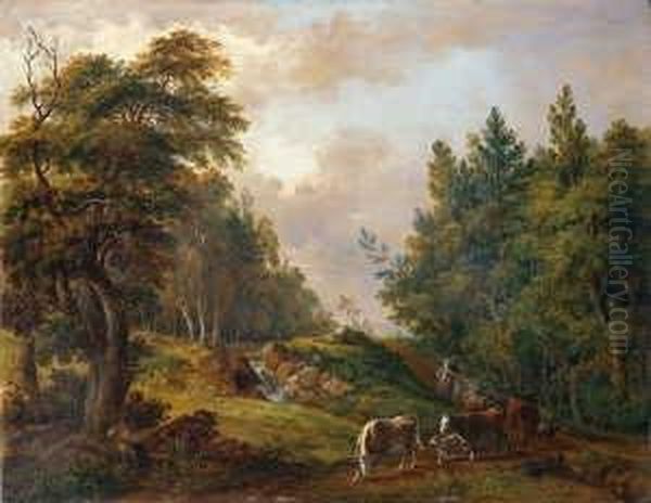 Bewaldete Landschaft Mit Einer
 Viehherde.

 Signiert Und Datiert Unten Rechts: Schuz. Fec. Oil Painting by Christian Georg Schuttz II