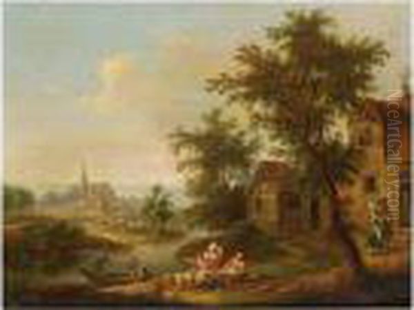 A River Landscape With Fishermen
 And Women Together With Children Unloading The Catch, Near A Farmhouse;
 A River Landscape With Figures Bathing, Two Figures In A Boat, A View 
Of A Church Beyond Oil Painting by Christian Georg Schuttz II