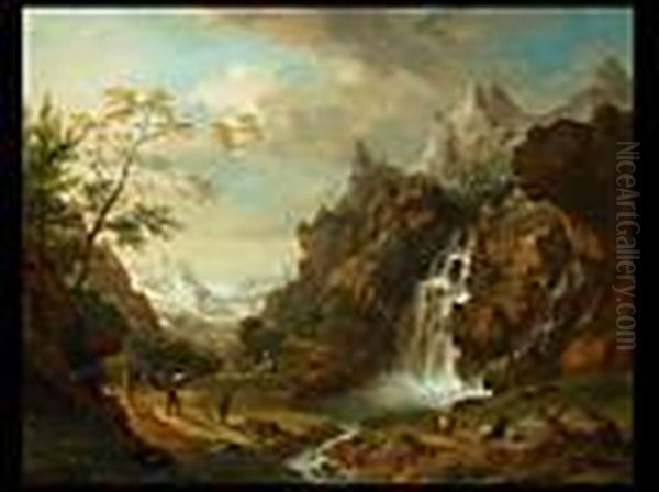 Alpenlandschaft Mit Figuren Neben Einem Wasserfall Oil Painting by Christian Georg Schuttz II