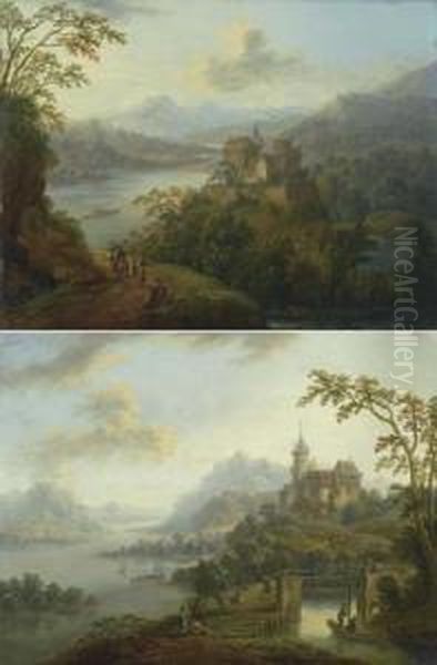 Pair Of Works: Two Rhine Landscapes With Castles And Walkers. Oil Painting by Christian Georg Schuttz II