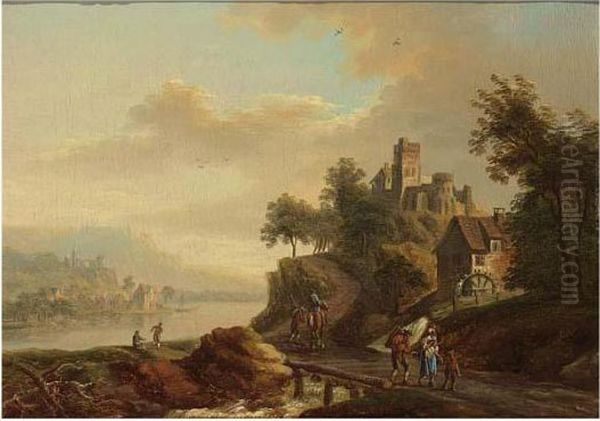 A River Landscape With Travellers On A Path, A Castle On A Mountain Beyond Oil Painting by Christian Georg Schuttz II