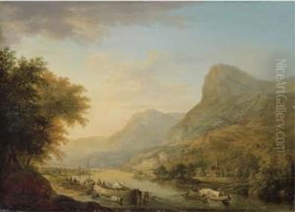 A Mountainous River Landscape With A Town Beyond Oil Painting by Christian Georg Schuttz II