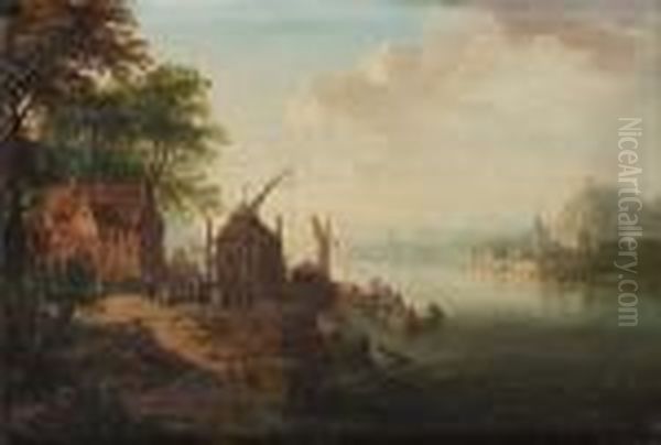 A Rhenish River Landscape With Boats Moored At A Jetty Oil Painting by Christian Georg Schuttz II