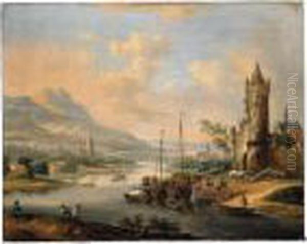 An Extensive Rhenish River Landscape With Figures Unloading Their Boats Before A Town Oil Painting by Christian Georg Schuttz II