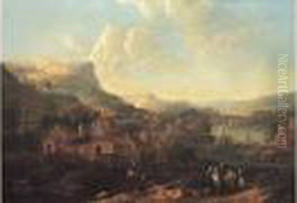 Paysage De La Vallee Du Rhin Anime De Cavaliers Et Promeneurs Oil Painting by Christian Georg Schuttz II