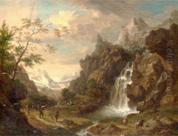 An Extensive Alpine Landscape With Figures Beside A Stream Oil Painting by Christian Georg Schuttz II