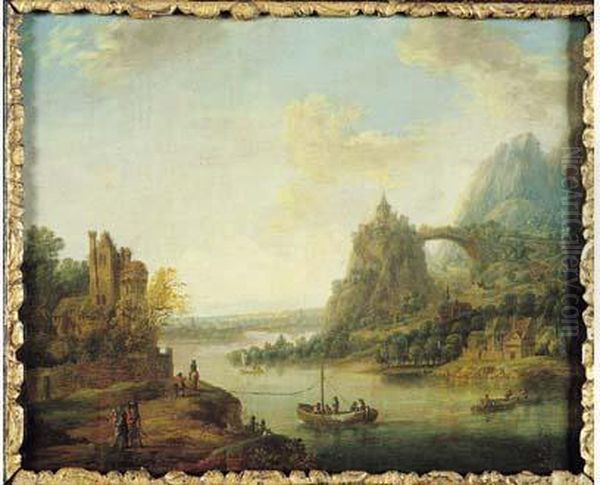 Vue De La Vallee Du Rhin Animee De Pecheurs Et De Paysans Oil Painting by Christian Georg Schuttz II