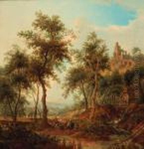 A Wooded Landscape With A Hunting Party By A Stream, A Ruinedcastle On A Hill Beyond Oil Painting by Christian Georg Schuttz II