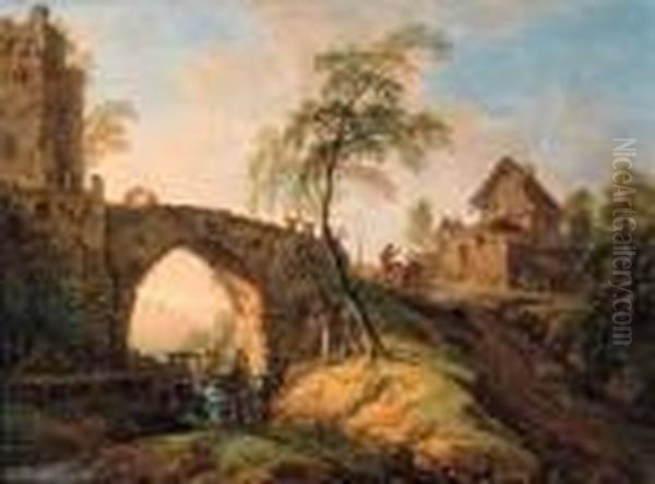 A Fisherman's Family On A River 
Bank Near A Watermill, Travellerson A Footbridge Beyond; And Travellers 
On A Stone Bridge Waving Toshepherds Halting At A Waterfall Beneath, A 
Cowherd On A Pathbeyond, At Sunset Oil Painting by Christian Georg Schuttz II