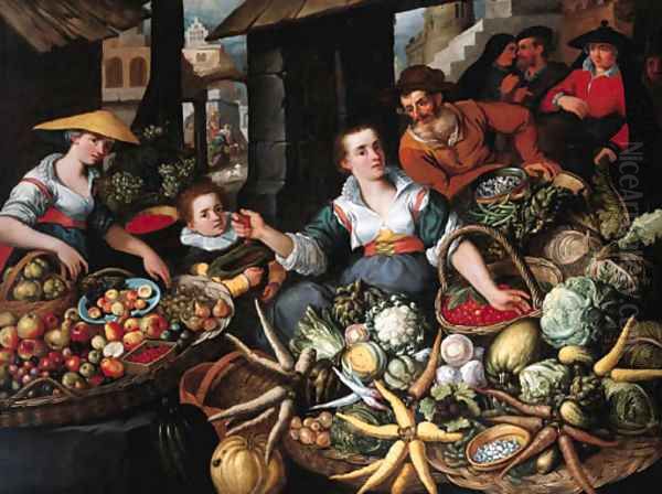 A fruit and vegetable stall in a town market Oil Painting by Jean Baptiste de Saive