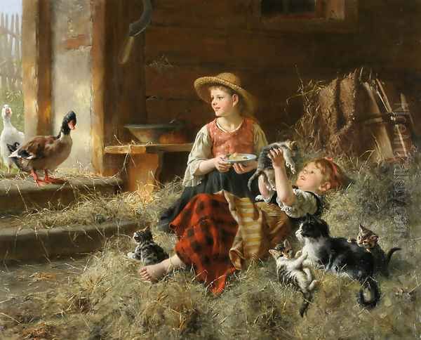 Calling on Farmyard Friends Oil Painting by Wilhelm Schutze